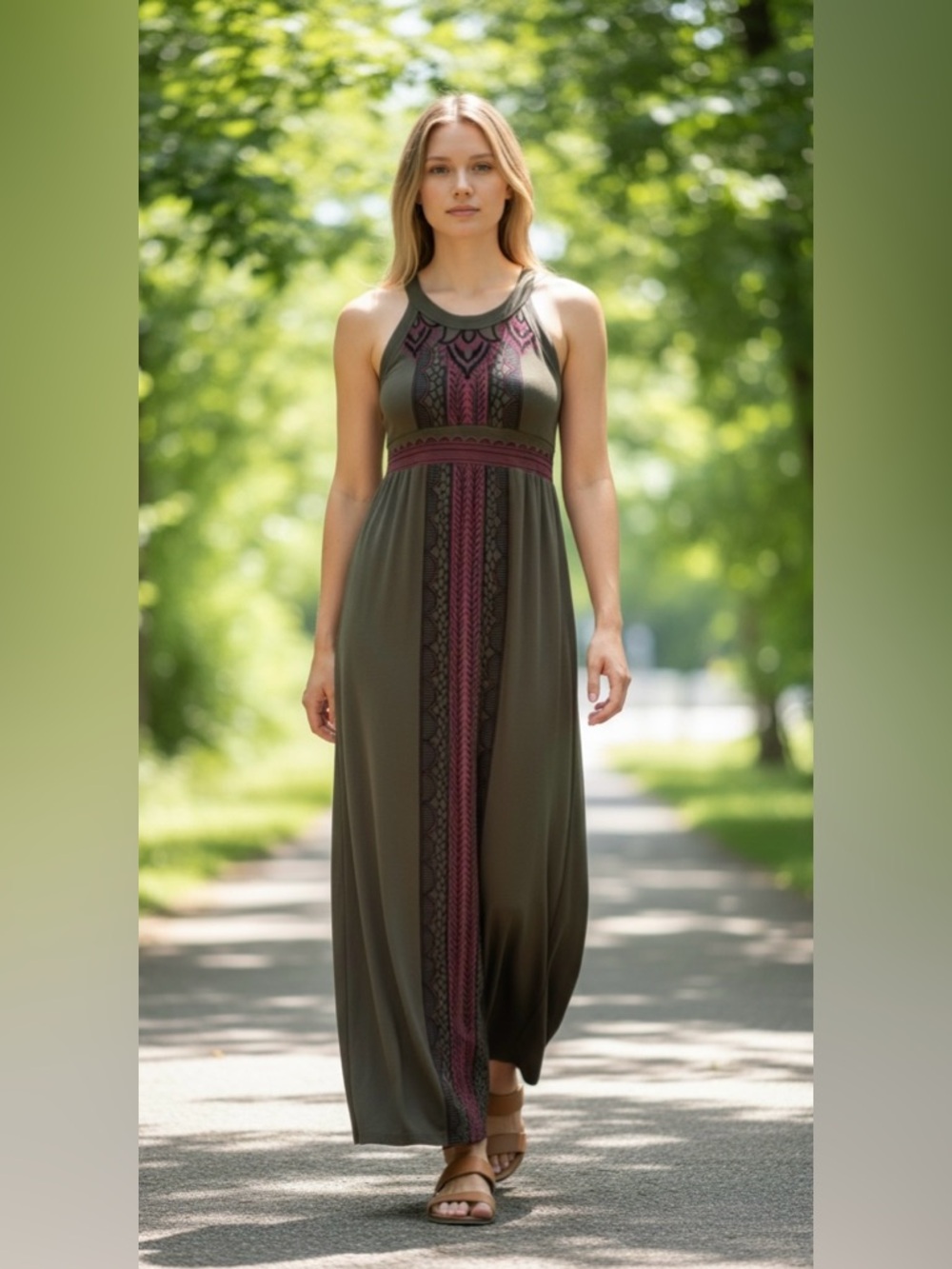 Athleta Maxi Dress Olive Green Pink Print Racerback Sleeveless Stretch - Size S
